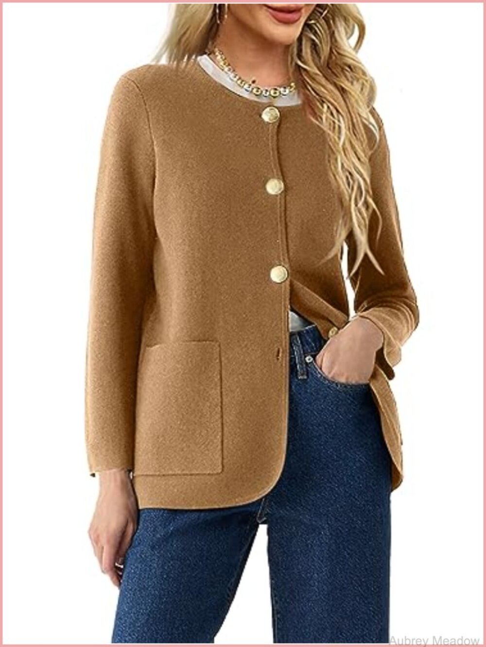 Womens Crew Neck Button Down Cardigan Sweater Blazer Long Sleeve Knit
